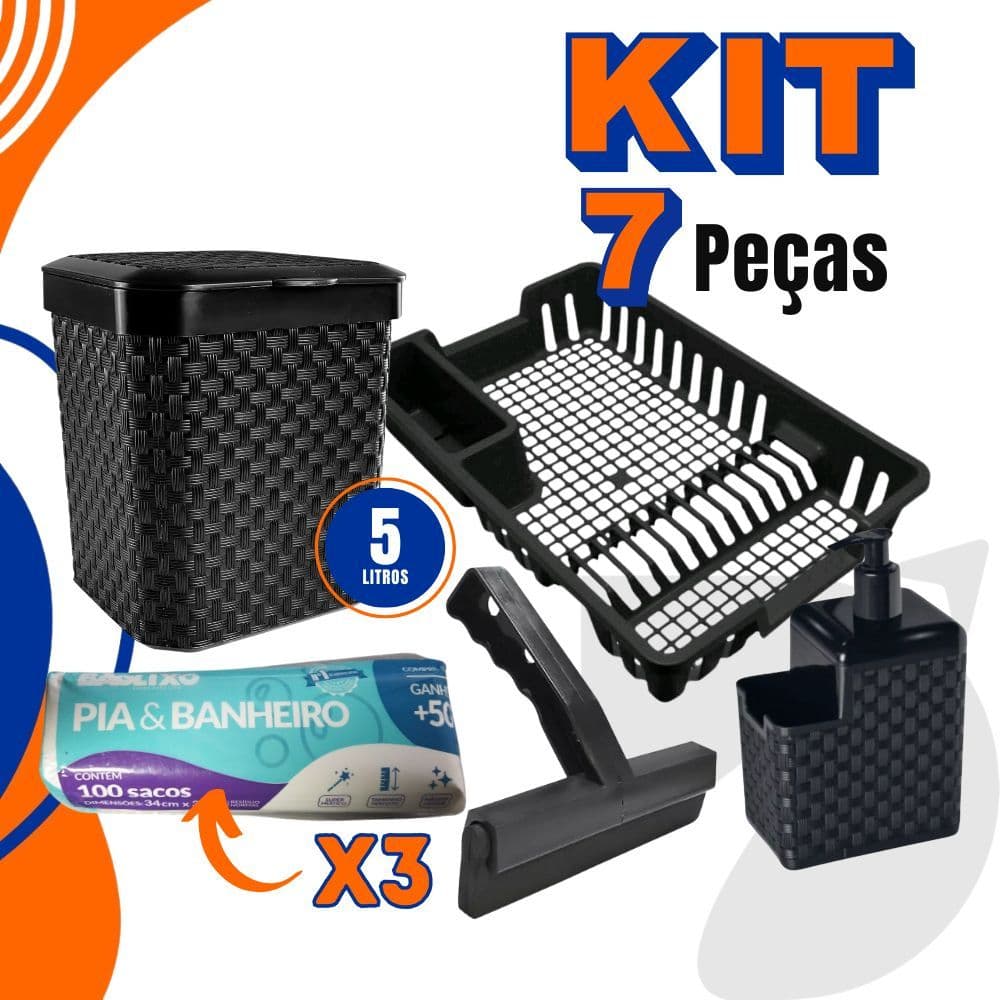 Kit Lixeira 5 Litros + Porta Detergente + Escorredor Louça + Rodinho + Sacos de lixo 7 Litros