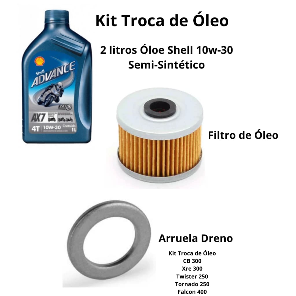 Kit Troca de oleo 2litros Oleo Shell 10w30 +Filtro De Oleo+ Arruela Dreno  Cb/Xre300 Twister/Tornado250  Falcon400