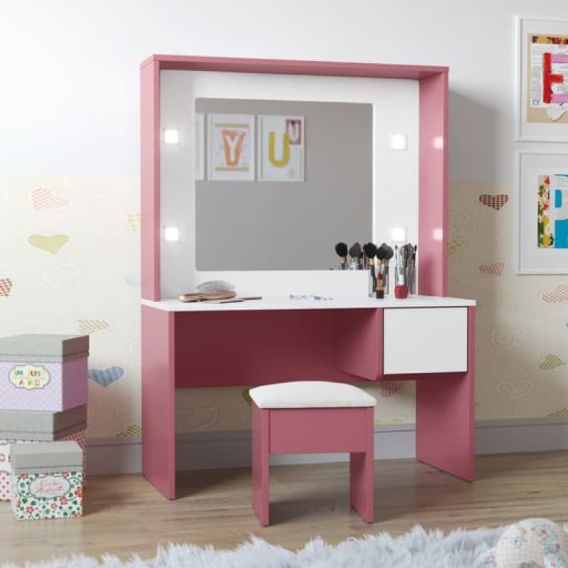 Penteadeira Infantil com Led e Banqueta Criança Quarto em MDF - Decora Móveis Online
