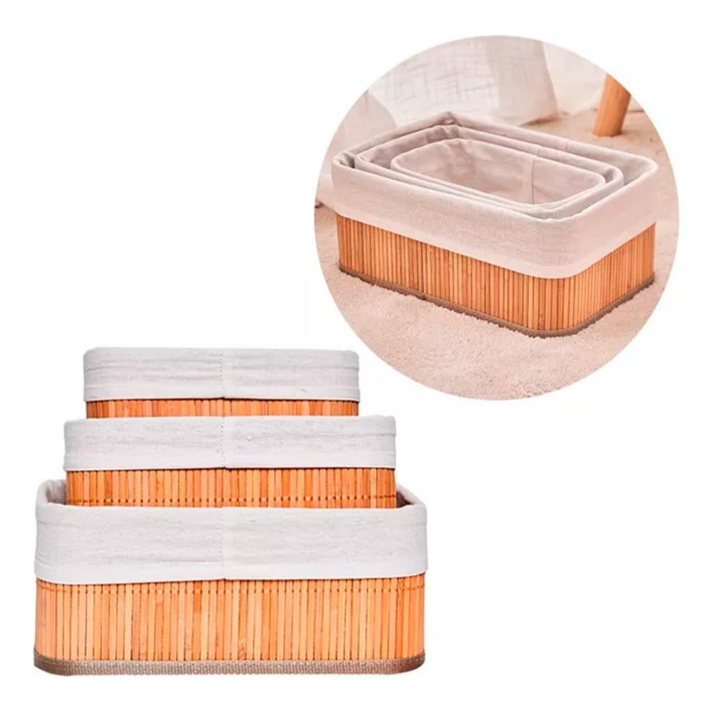 Cesto de bambu Organizador Multiuso com  Forro Kit com 3