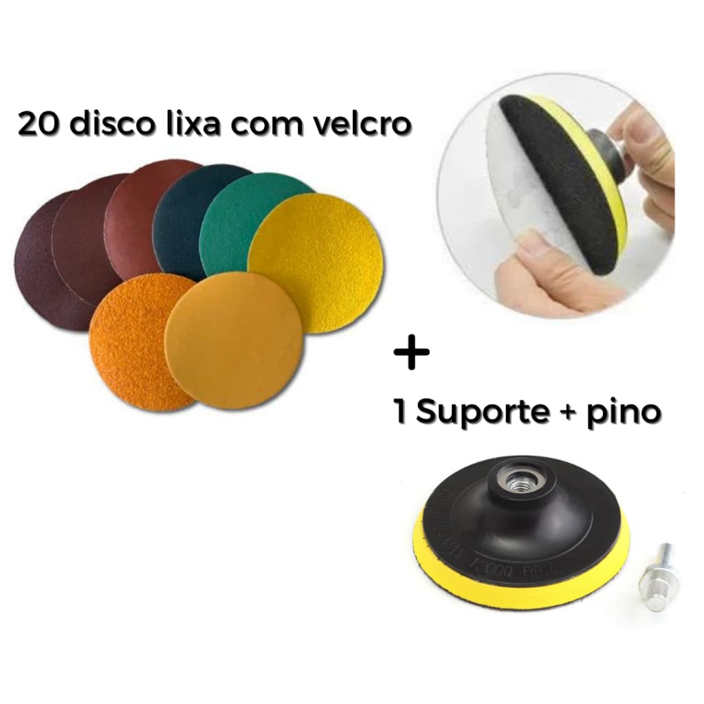 Kit 20 Discos Lixa Velcro 125mm + Suporte De lixa + Adptador Para Furadeira e Esmerilhadeira
