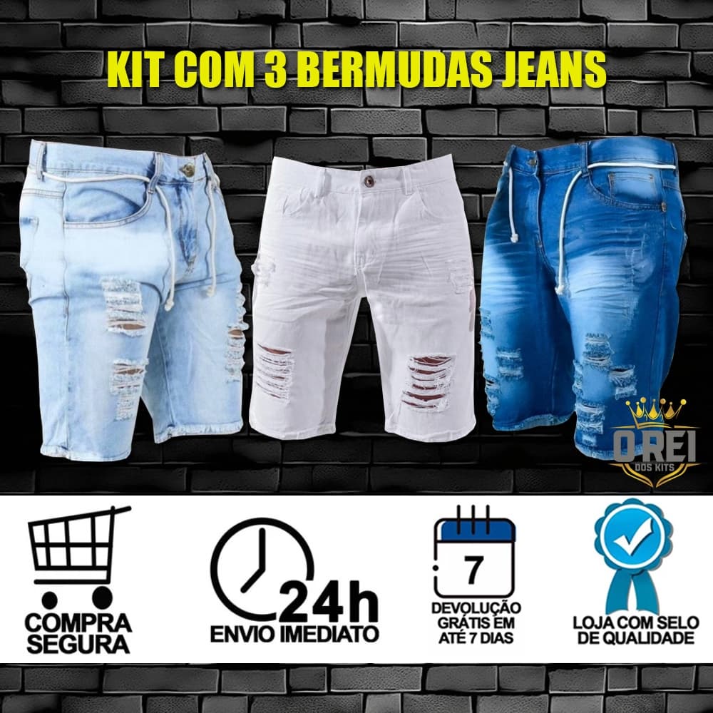 Presente Para Homem Kit com 3 Bermuda Jeans Masculina Short Rasgado Shorts Desfiado Moda Masculina