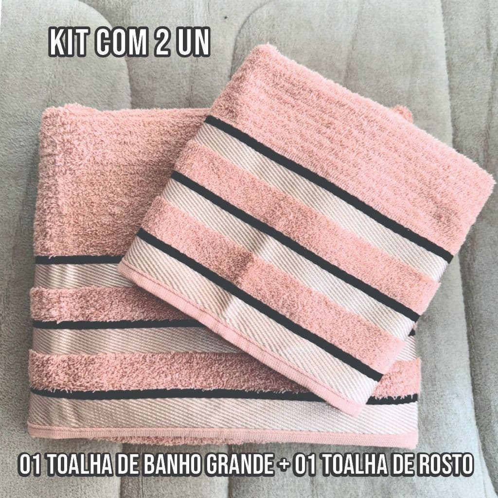 Kit 02 Toalhas - 01 Banho Grande - 01 Rosto Grossa Macia  - 100% Algodão com Detalhe na Barra