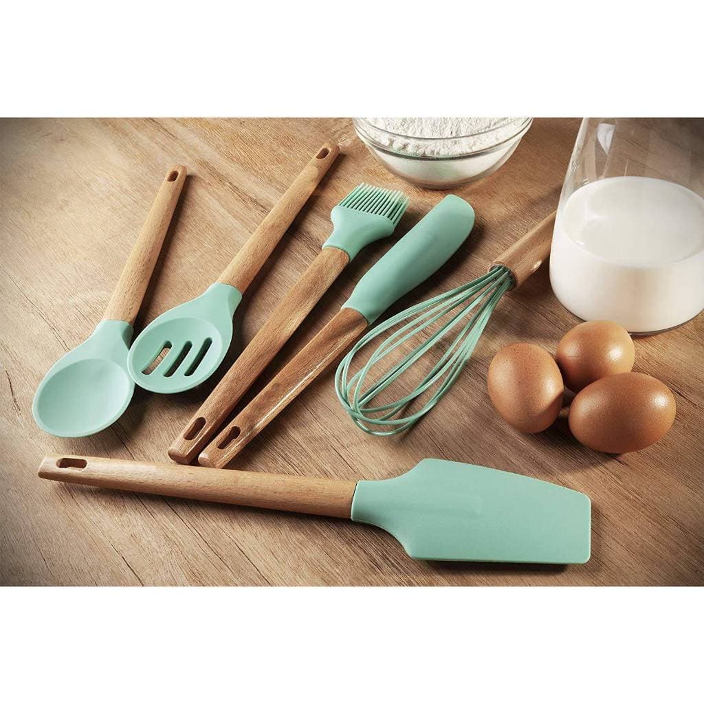 Kit 8 Peças utensílios de cozinha silicone com cabos de madeira  Verde Escuro/Verde Claro/Rosa/Preto