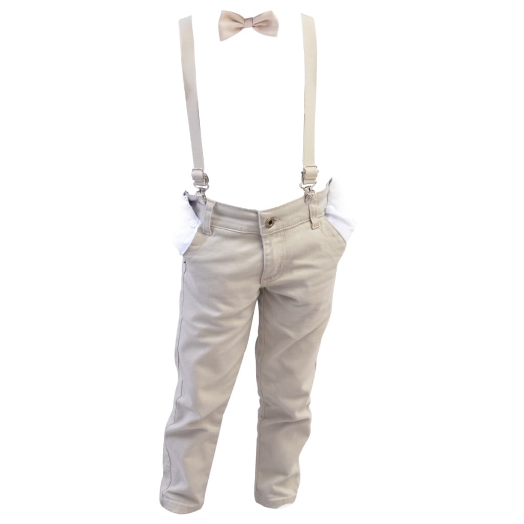 Kit Calça Bege + Gravata e Suspensório Infantil Roupas Para Bebê Social Igreja Casamento Noivinho
