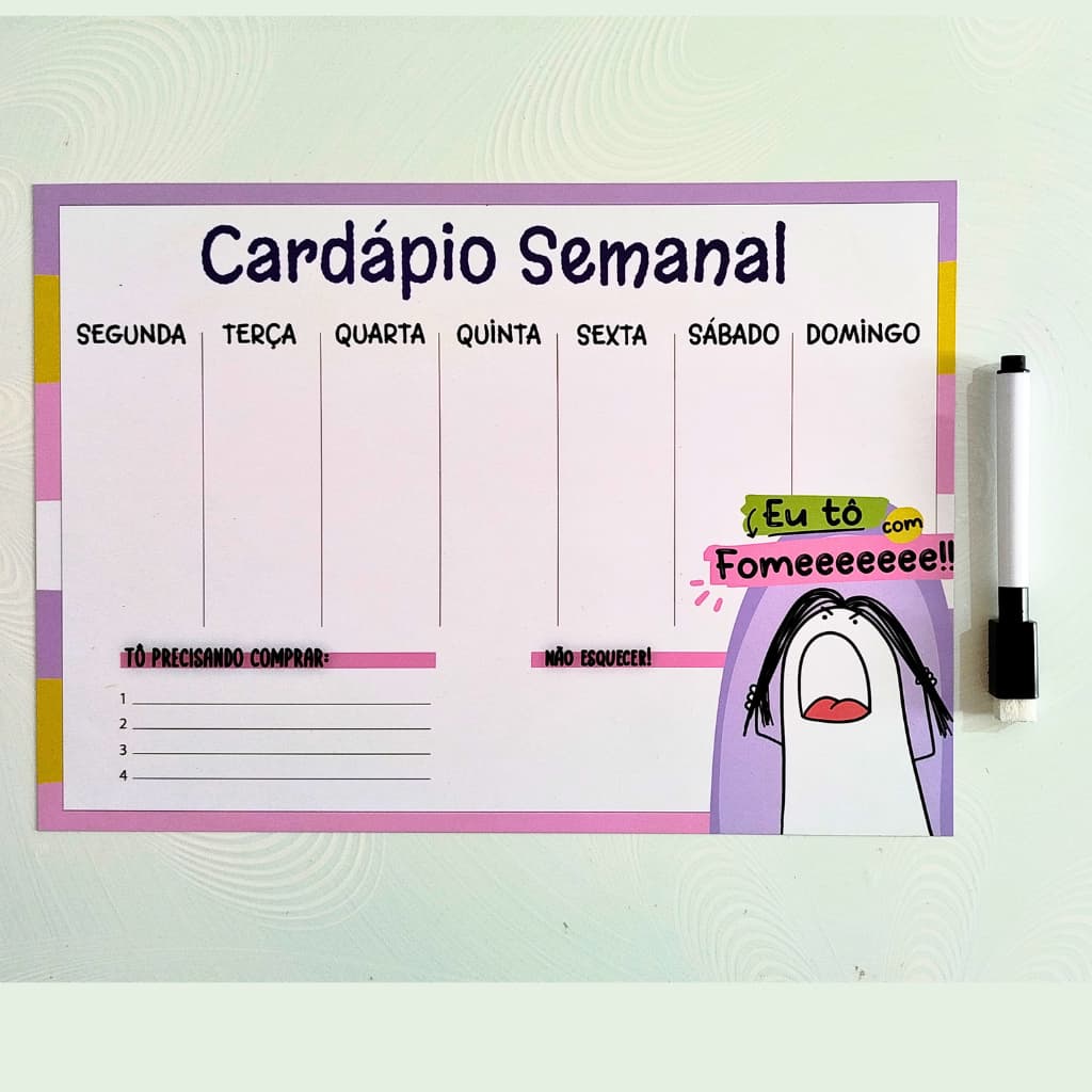 Planner Cardápio de Geladeira Imantado Semanal Alimentação Bonequinho Engraçado Fome com caneta ímã 21x30cm