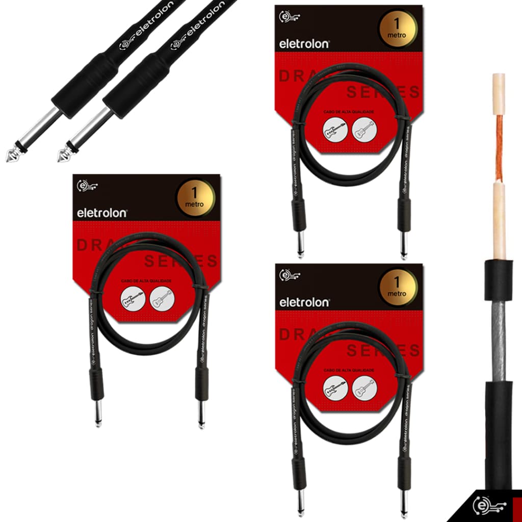 Kit 3 Cabo P10 P10 Mono Para Violão Guitarra Baixo 1m Metro - Eletrolon