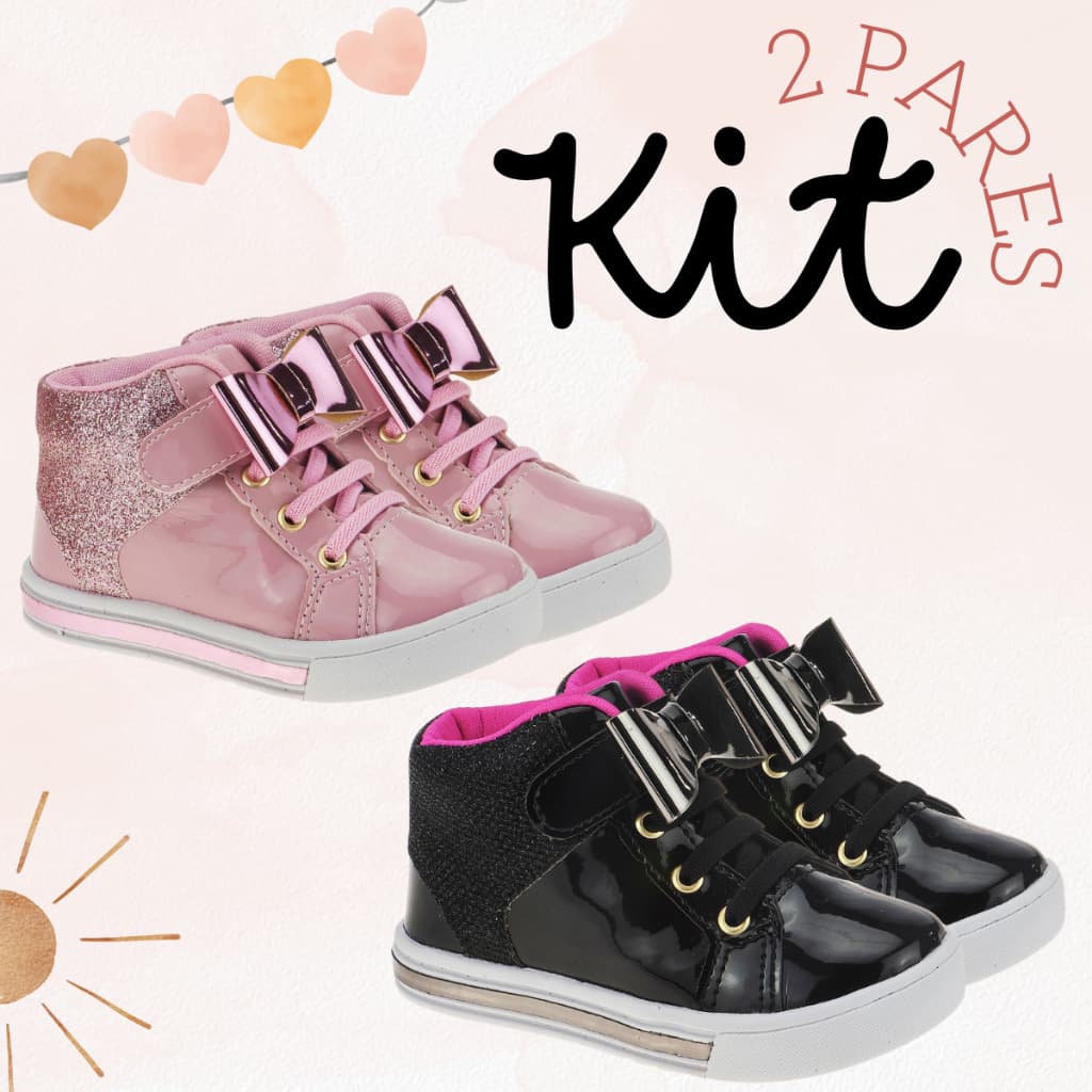 Kit 2 Pares Sapatênis Infantil Menina Confortável Tênis Casual Cano Médio Laço Glitter Escolar Moda