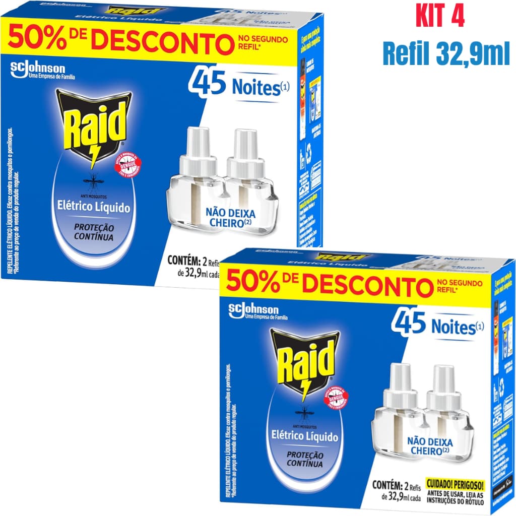 Kit 4 RAID Refil Elétrico de 32,9 ml Cada - Repelente de Mosquistos Até 45 Noites cada