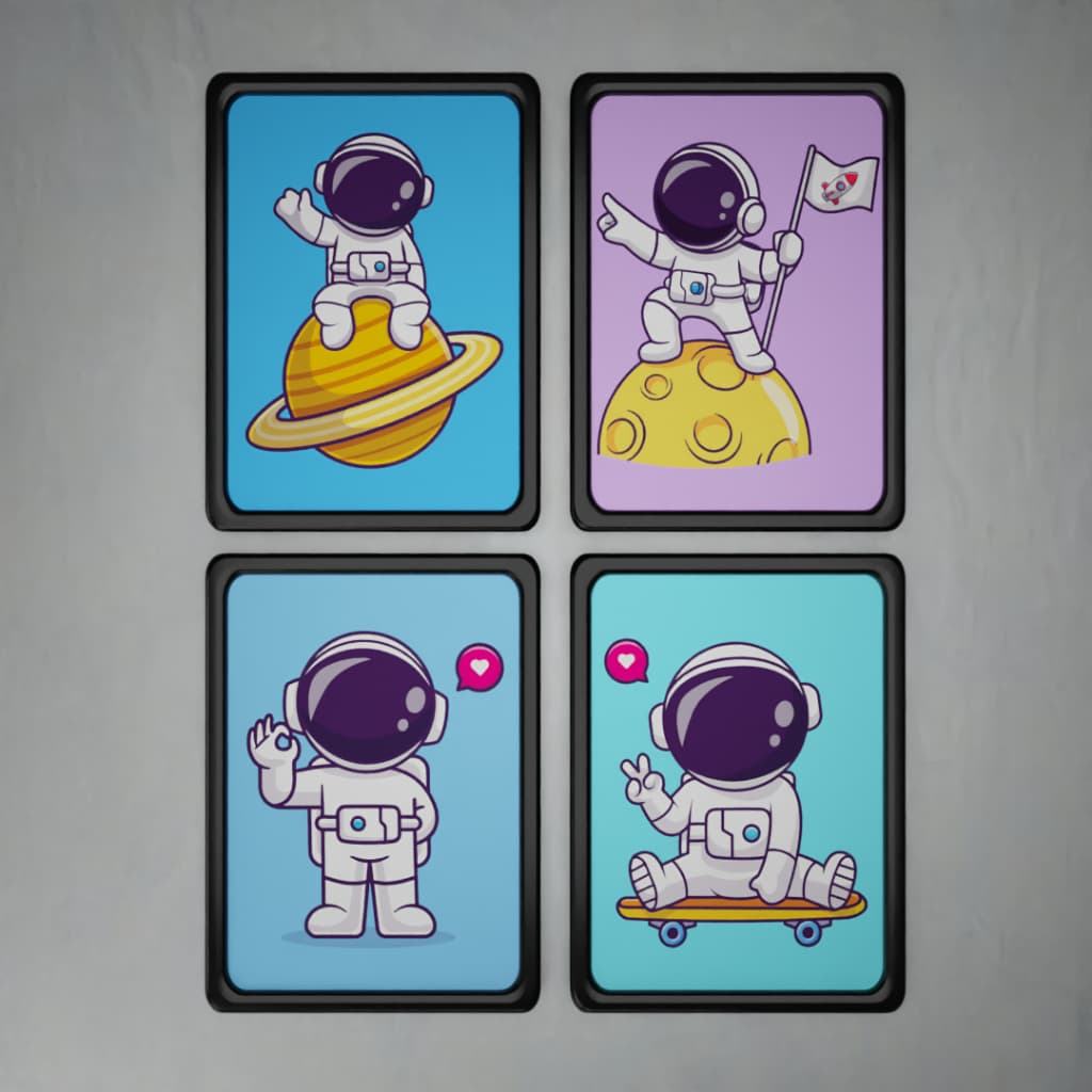 Kit 4 Quadros Decorativos – Tema Astronauta | Decoração Espacial Tamanho 30x20cm
