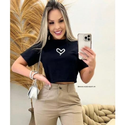 Cropped Estampado Coração 100% Algodão Moda Feminina Camiseta Blusa