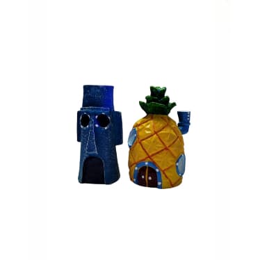 kit Enfeites De Aquário Fenda Do Biquini Turma Bob Esponja - MIniatura casa Bob e Mini casa Lula (2 peças)