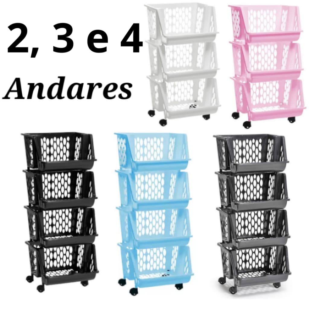 Organizador Multiuso Cesto de Plástico c Rodinhas 2, 3 ou 4 andares Empilhável Diversas Cores