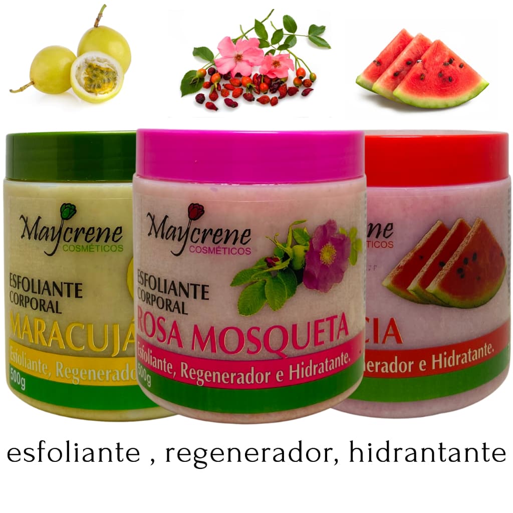 kit 3 esfoliante com graos de arroz maycrene 500ml (rosa mosqueta, maracuja, melancia)