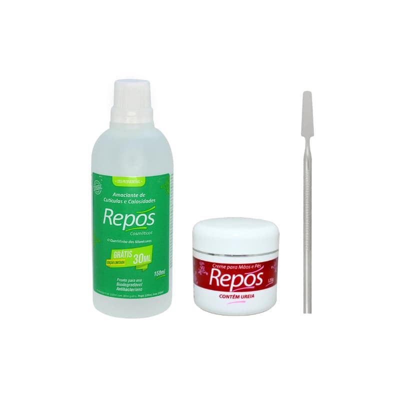 Amolecedor Cutículas e Calosidades 150ml + Creme Uréia 120g Repos + Espátula Bisturi 260 S Clara