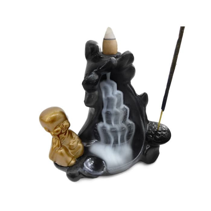 Incensário Monge Dourado Cascata 4 Quedas + 5 Incensos Cone