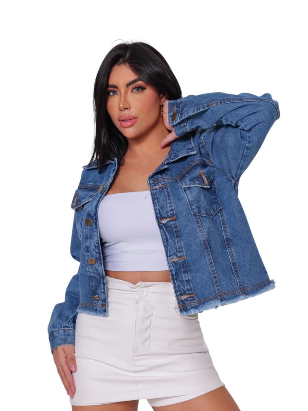 Jaqueta Jeans Barra Desfiada Moda Feminina