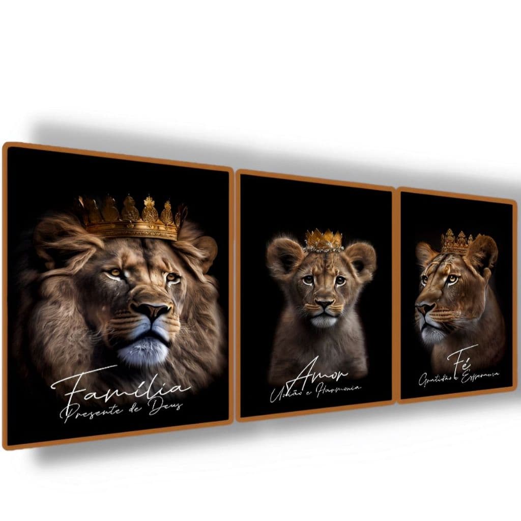 Quadro Decorativo Grande Sala Quarto Família De Leão Leoa Filhote Rei Rainha
