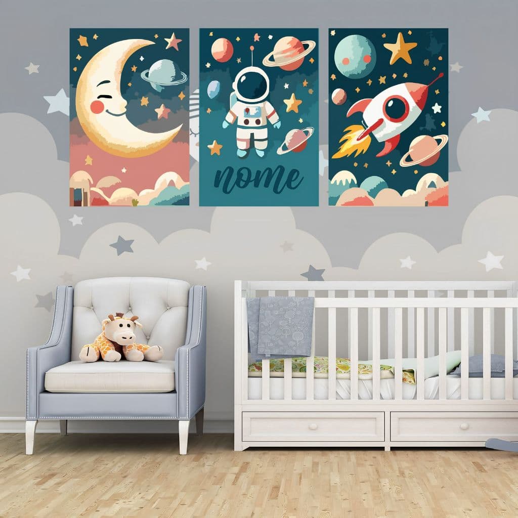 Quadro Decorativo Personalizado Placa Nome De Criança bebê Lua Astronauta Foguete