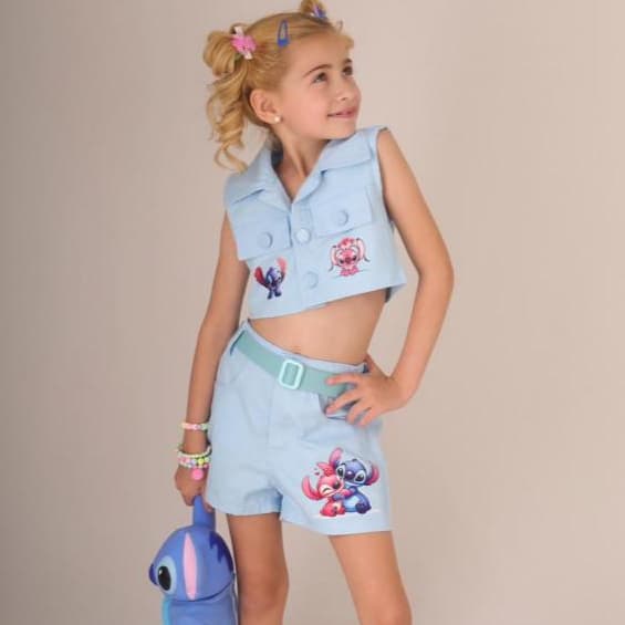 Conjunto Infantil Menina Fashion Bloguerinha  Short e Colete Rosa Azul com estampa 2 a 12