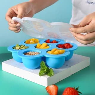 Kit 2 Pote Porta Papinha Recipiente De Silicone Com 7  Divisórias Forma de Gelo com Tampa