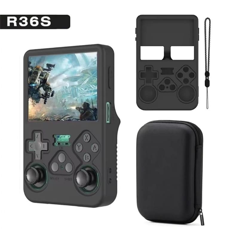 Capa de Silicone com Alça + Bolsa Estojo para R36S Game Console, Proteção Dupla na cor Preta.