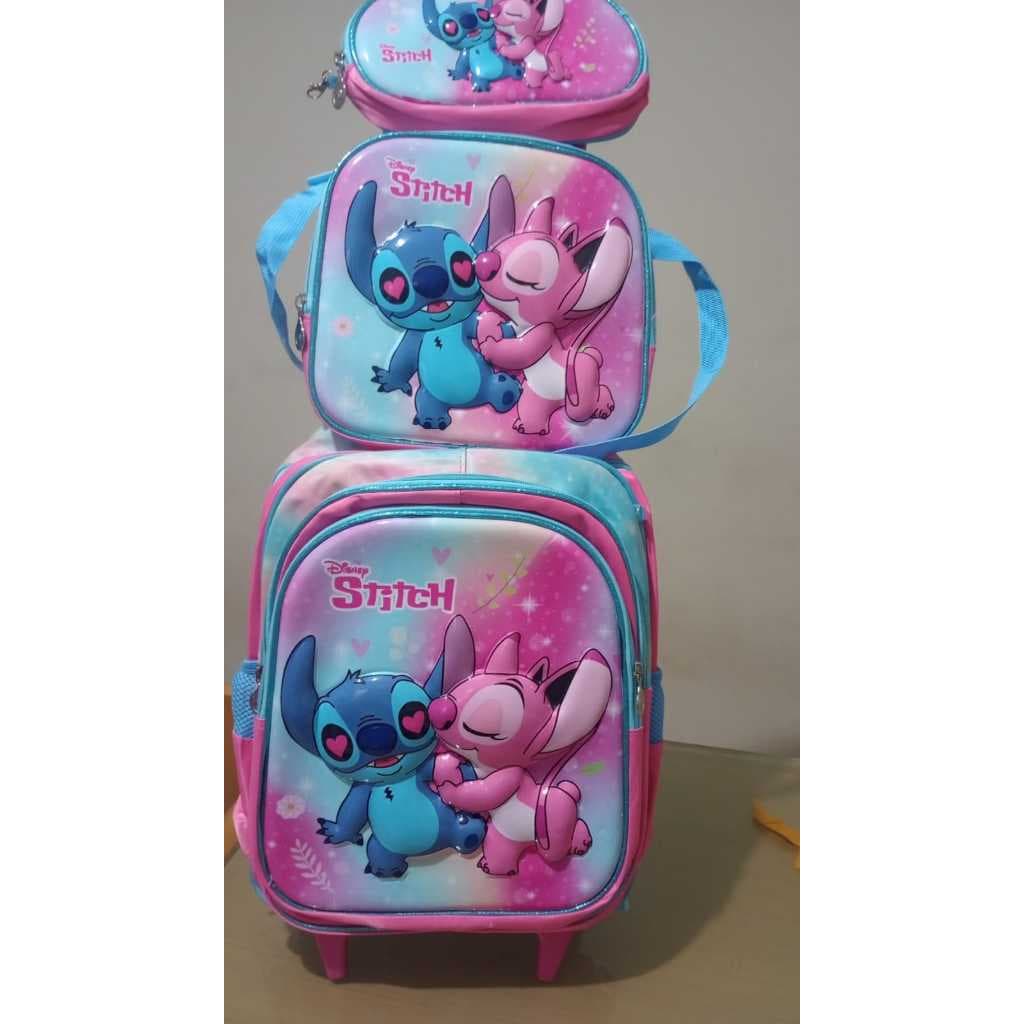 Kit Mochila Escolar Stitch Rodinha Estojo Lancheira Infantil
