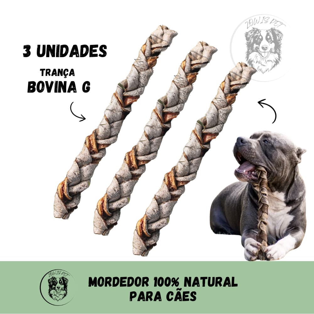 Kit 3 Trança de Couro Bovino para Cachorro Natuka - Mordedor Natural Desidratado Pet P M G
