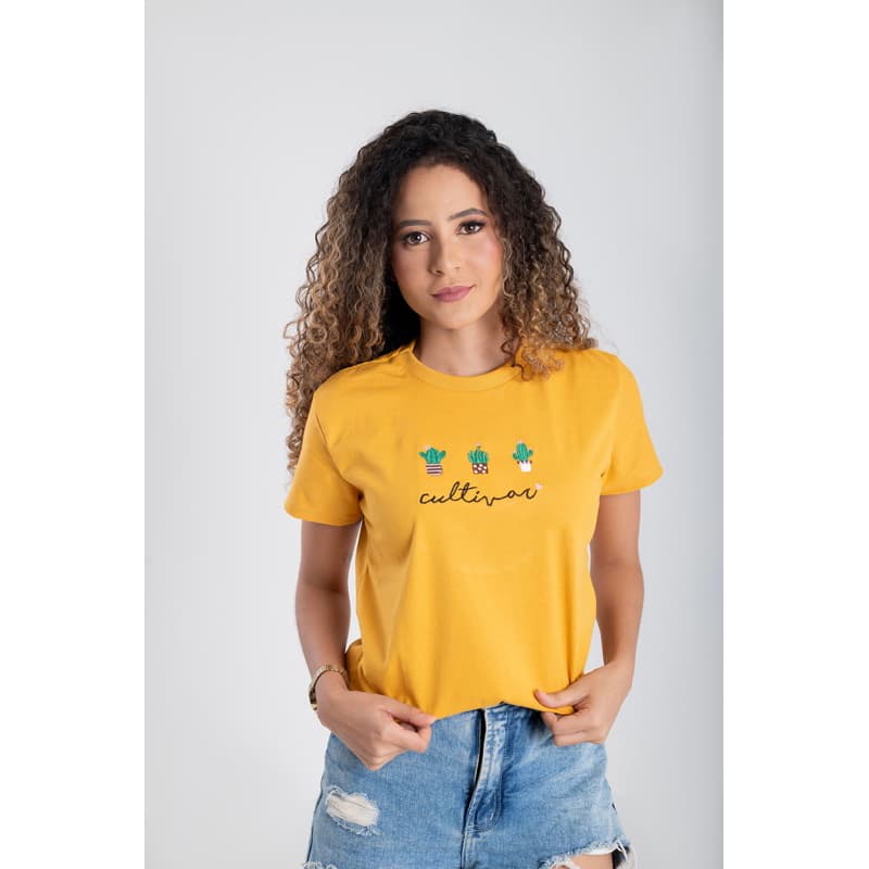BLUSA T-SHIRT FEMININA BORDADA CACTO, 100% ALGODÃO ,MODA CRISTÃ CASUAL TAM: P,M,G e GG