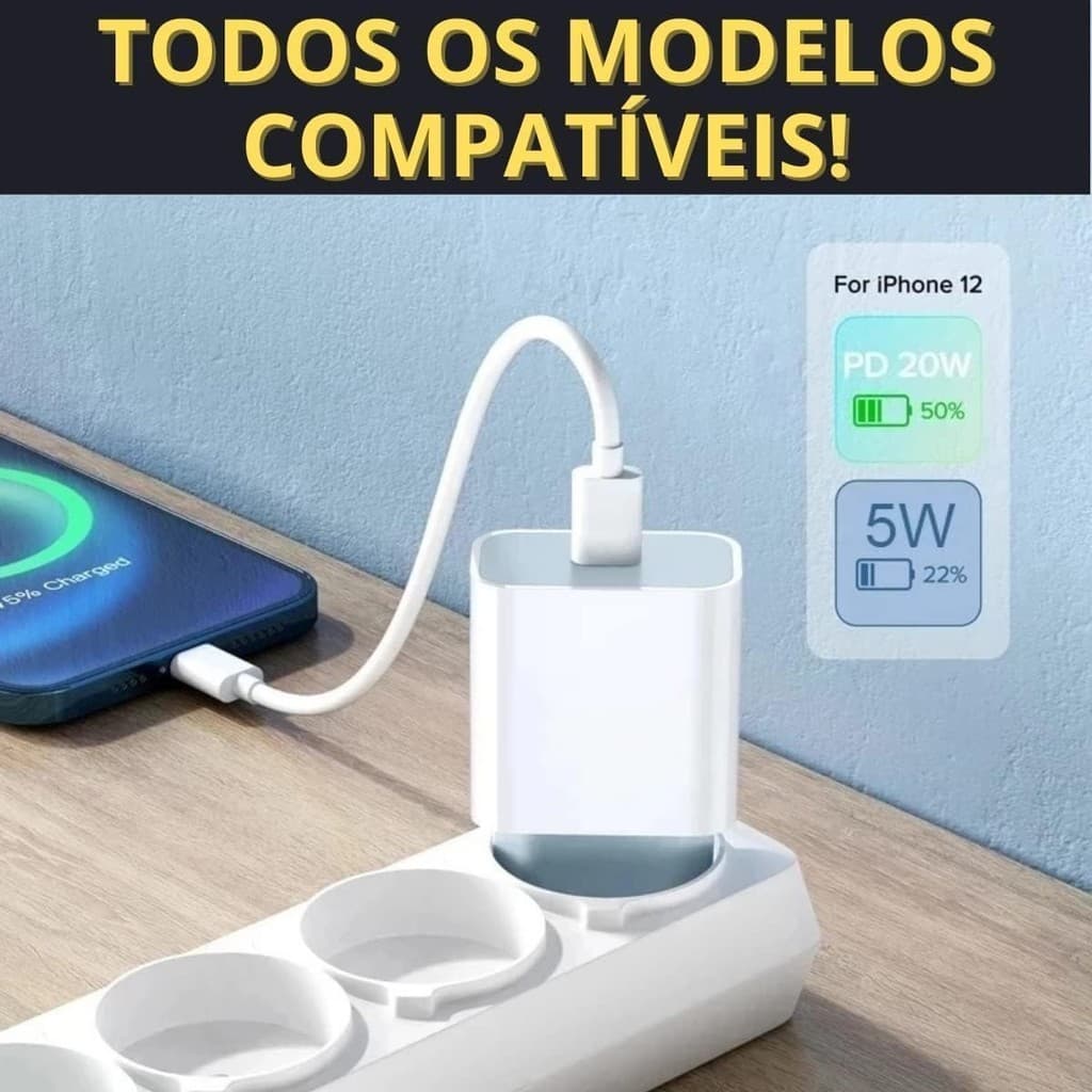 Caixinha Carregador Turbo 20W - Fonte Tomada Tipo C Turbo X Cabo Lightning para iPhones