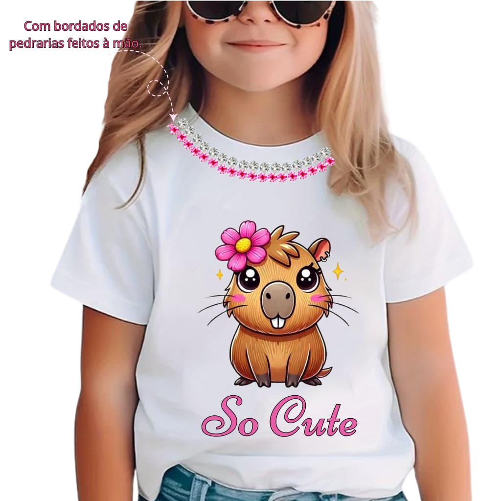 Camiseta infantil camisa blusa coleção capivara sem e com 2 camadas de pedrarias na gola infantil