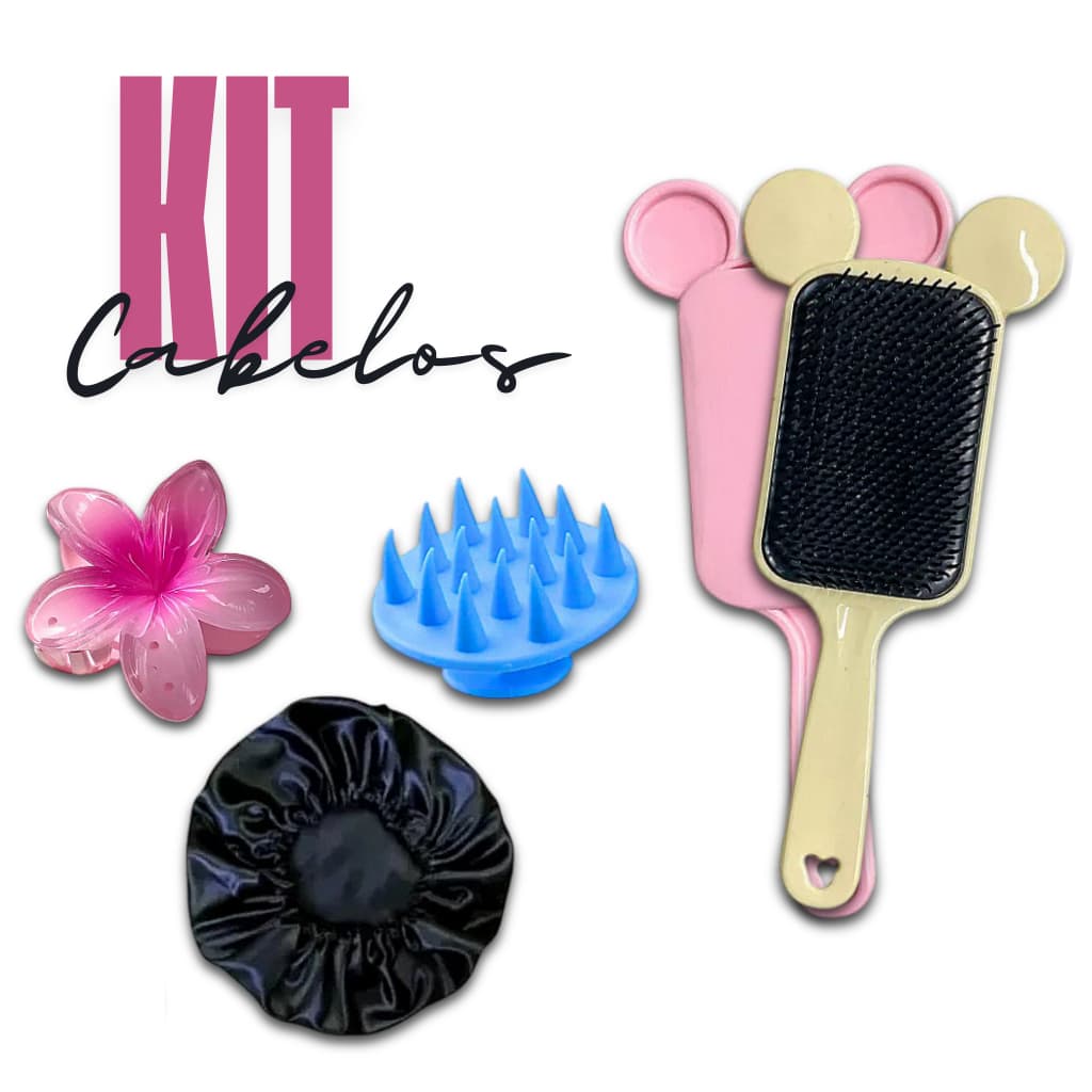 Escova Mickey + Touca + Massageador + Presilha - Kit de Cuidados Capilares