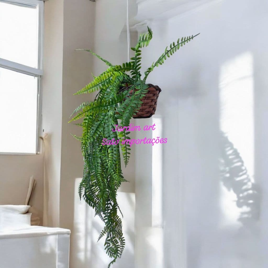 Samambaia Pendente Verde 80cm + Vaso Cesto Trançado