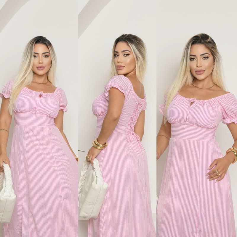 Vestido Longo Midi Estampado Listrado Manga Princesa Fenda Lateral
