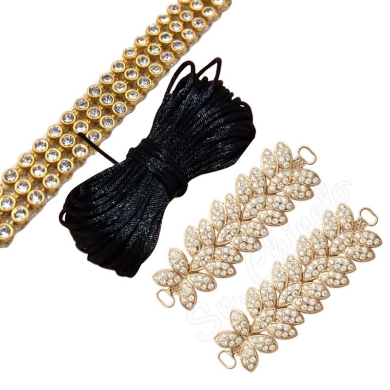 kit para chinelos,folhagem dourada strass e fio de seda 1 mm