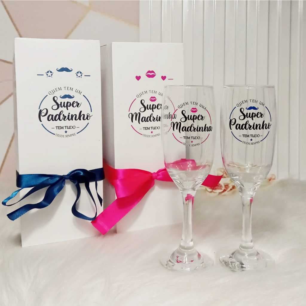Par De Taças + Caixa Individual Para Padrinho E Madrinha / presente casamento