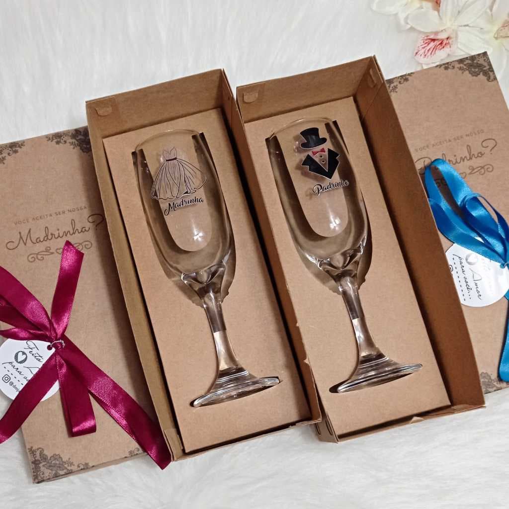 Convite Individual Taças champanhe e Caixa / casamento /batismo/ padrinhos e madrinha