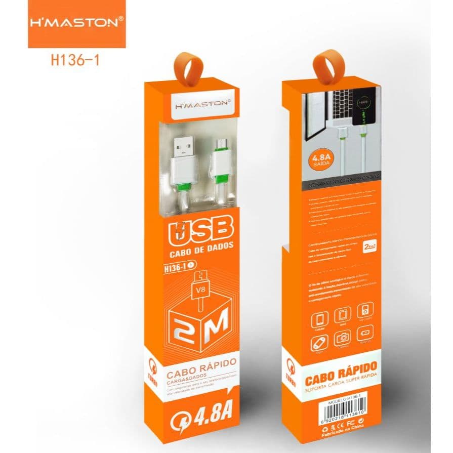 Cabo V8 iphone tipo c H'Maston  2M Carregamento Rápido 4.8A H136-1 H136-2 H136-3