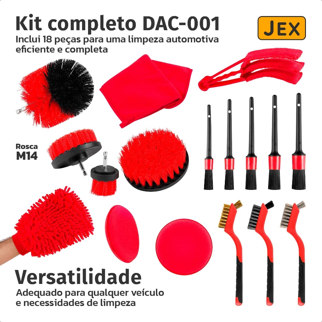Kit Estética Automotiva Detalhamento 18pçs JEX para Limpeza Completa do Veículo Pincéis Profissional