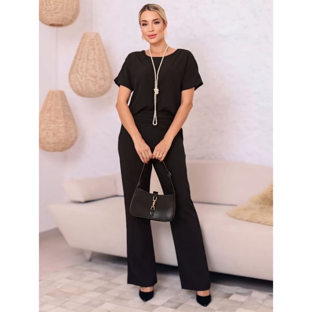 Conjunto Feminino Alfaiataria Blusa Manga Curta e Calça com Elástico Look Chique e Confortável