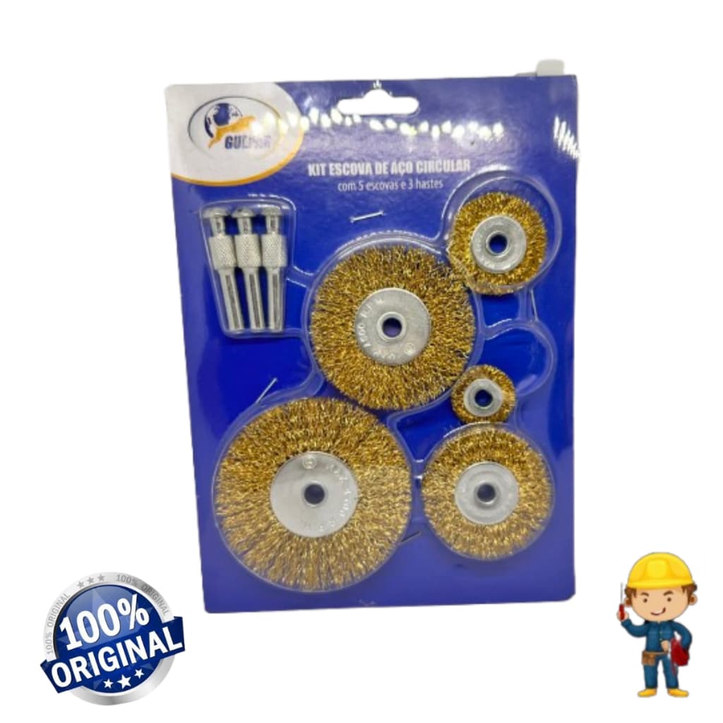 Escova Circular Para Furadeira kit Com 5 peças e 3 hastes Para Adaptação em Furadeira Guepar
