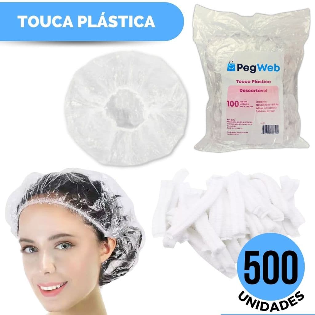 Kit 500 Toucas Plásticas Descartável Banho Cabelo Sanfonada hotel motel Transparente com Elástico