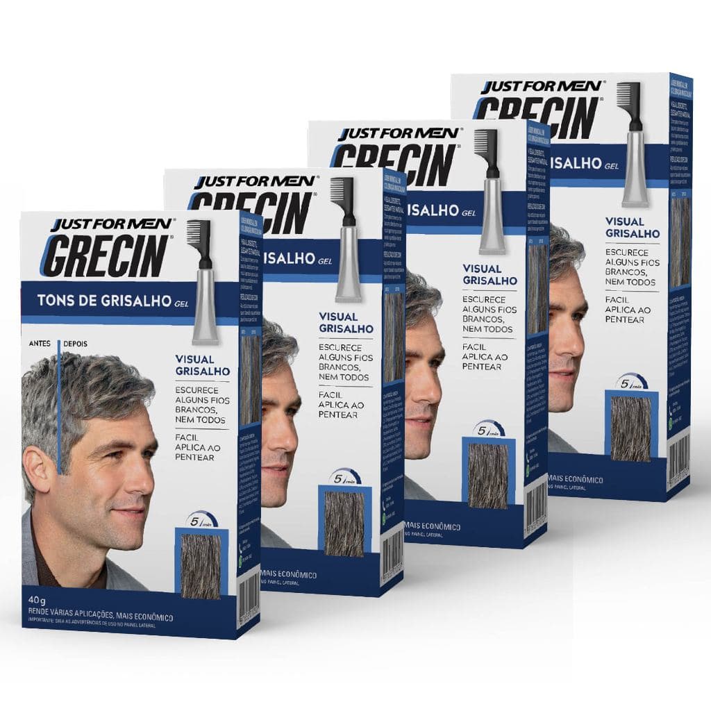 Kit 4x unidades Grecin Tons de Grisalho Gel Tonalizante - Escurece fios brancos - Aparência natural - Aplique ao pentear