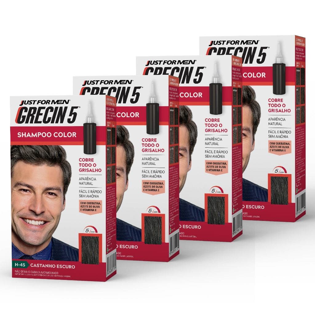 Kit 4x unidades Grecin 5 Shampoo Tintura Tonalizante Castanho Escuro H-45 60ml - Cobre os cabelos grisalhos em 5 minutos