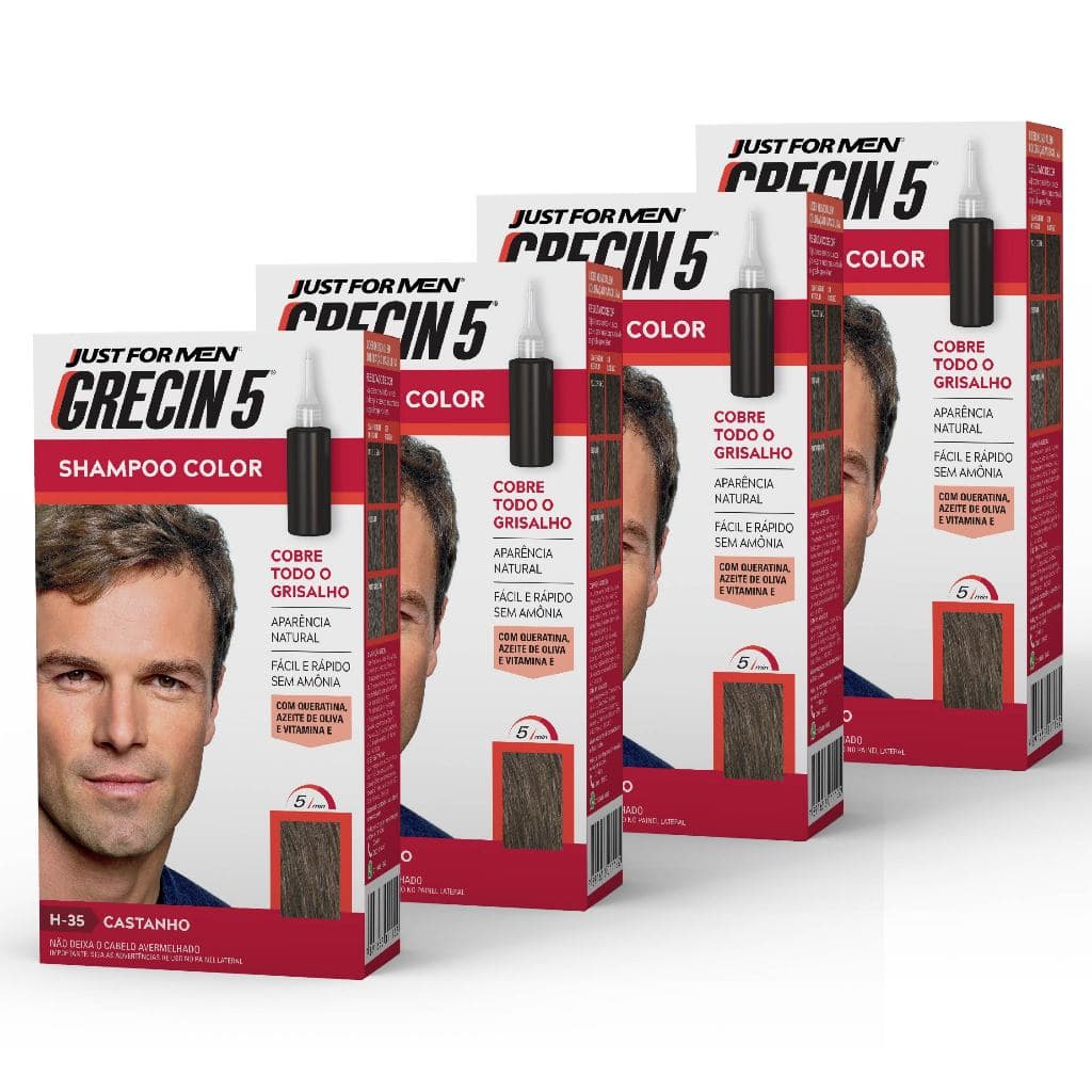 Kit 4x unidades - Grecin 5 Shampoo Tintura Tonalizante Castanho H-35 60ml - Cobre os cabelos grisalhos em 5 minutos.