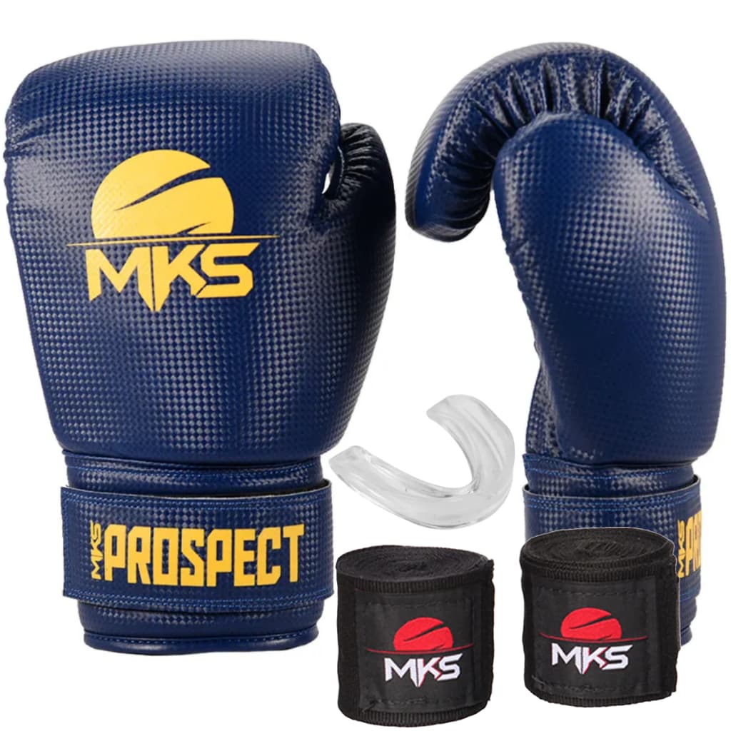 KIT MUAY THAI BOXE KICKBOXING LUVA PROSPECT AZUL/AMARELA + BANDAGEM 2,55M + PROTETOR BUCAL - MKS COMBAT