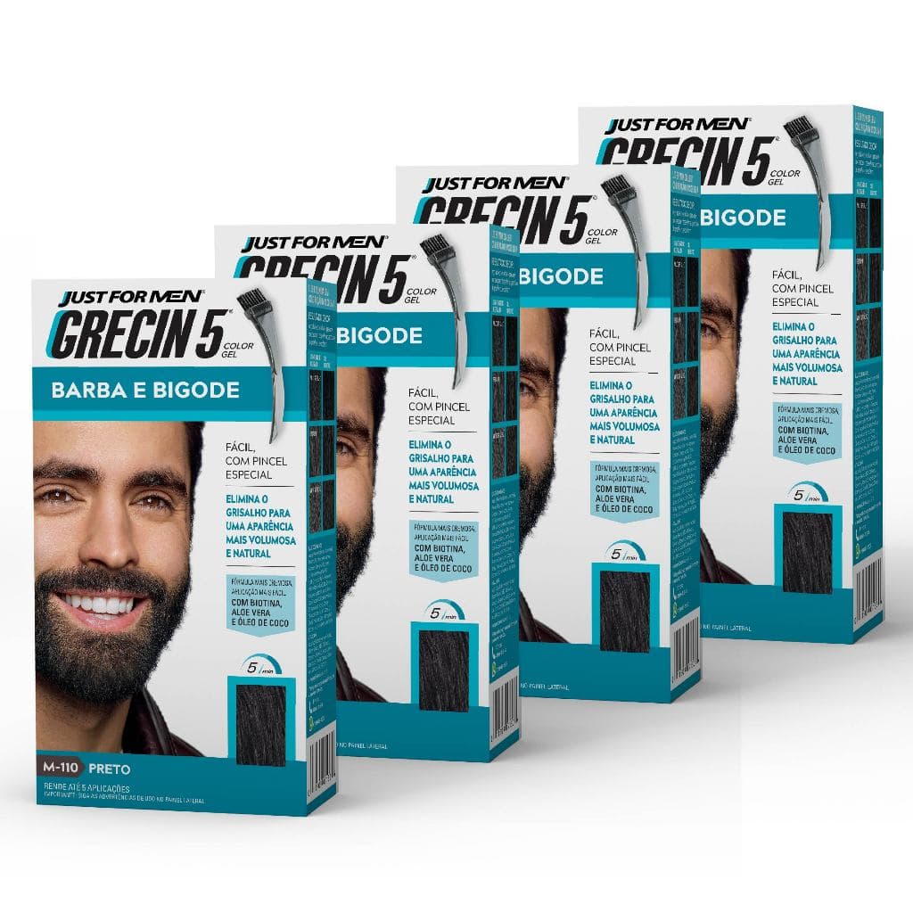 Kit 4x unidades Grecin 5 Color Gel TIntura Tonalizante Barba e Bigode Preto M-110 - Cobre os fios grisalhos em 5 minutos