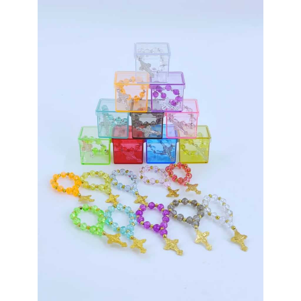 30 Kits Caixa acrílico 3x3 + mini terço Artesanal MIÇANGAS Tercinho Batismo