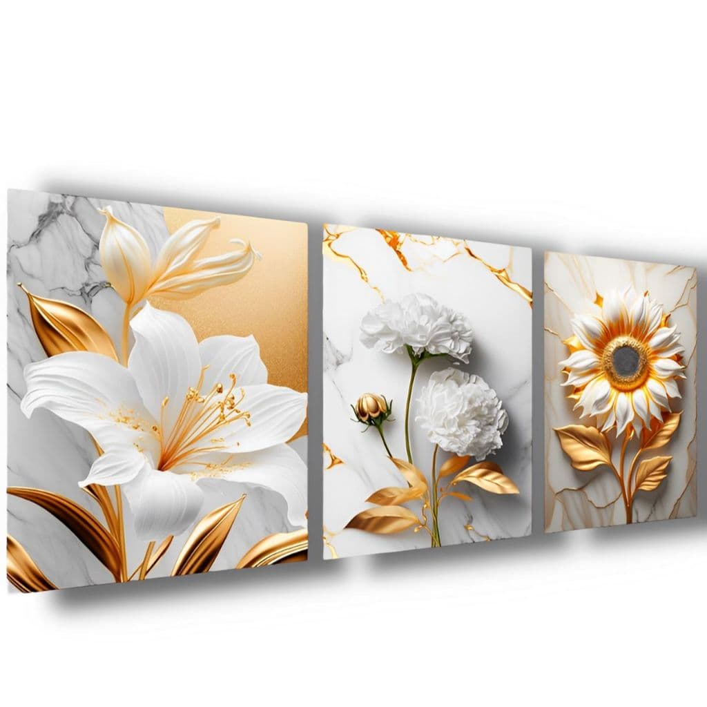 Quadro Decorativo Grande Sala Quarto Arte Flor Girassol Lírio e Cravo Dourado