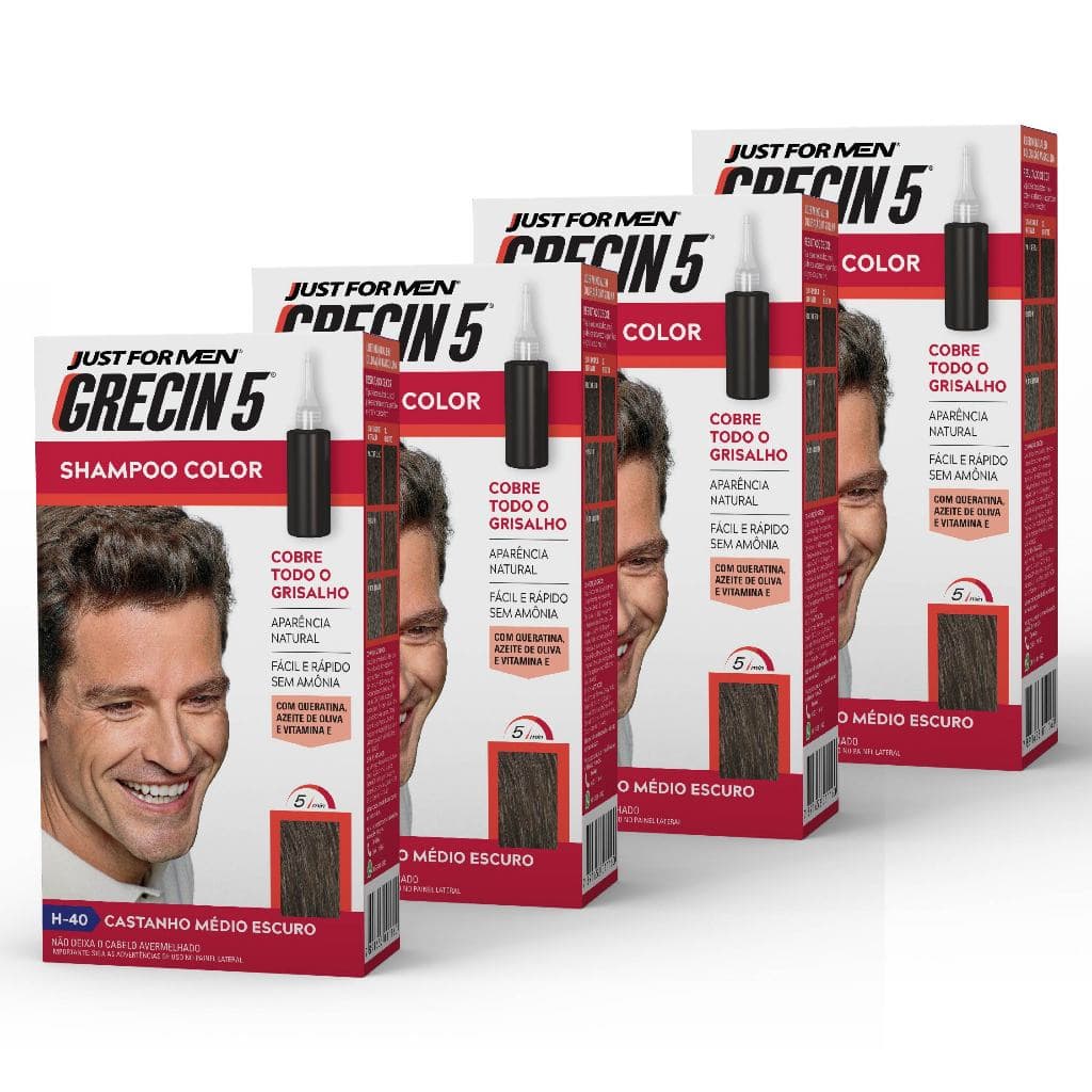 Kit 4x unidades Grecin 5 Shampoo Tintura Tonalizante Castanho Médio Escuro H-40 Cobre os cabelos grisalhos em 5 minutos.